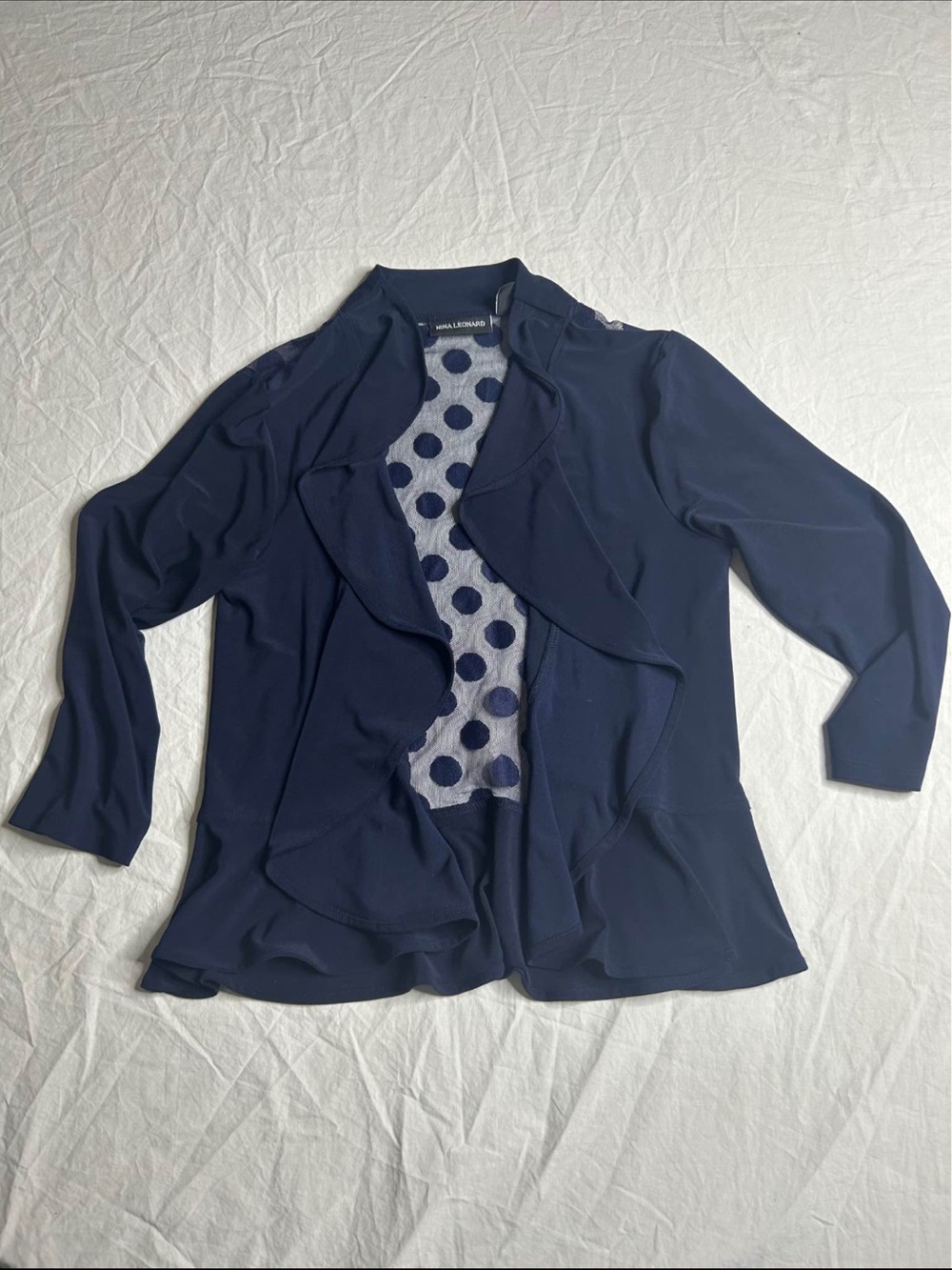 Nina Leonard Navy Ruffle Front Cardigan Women’s Small